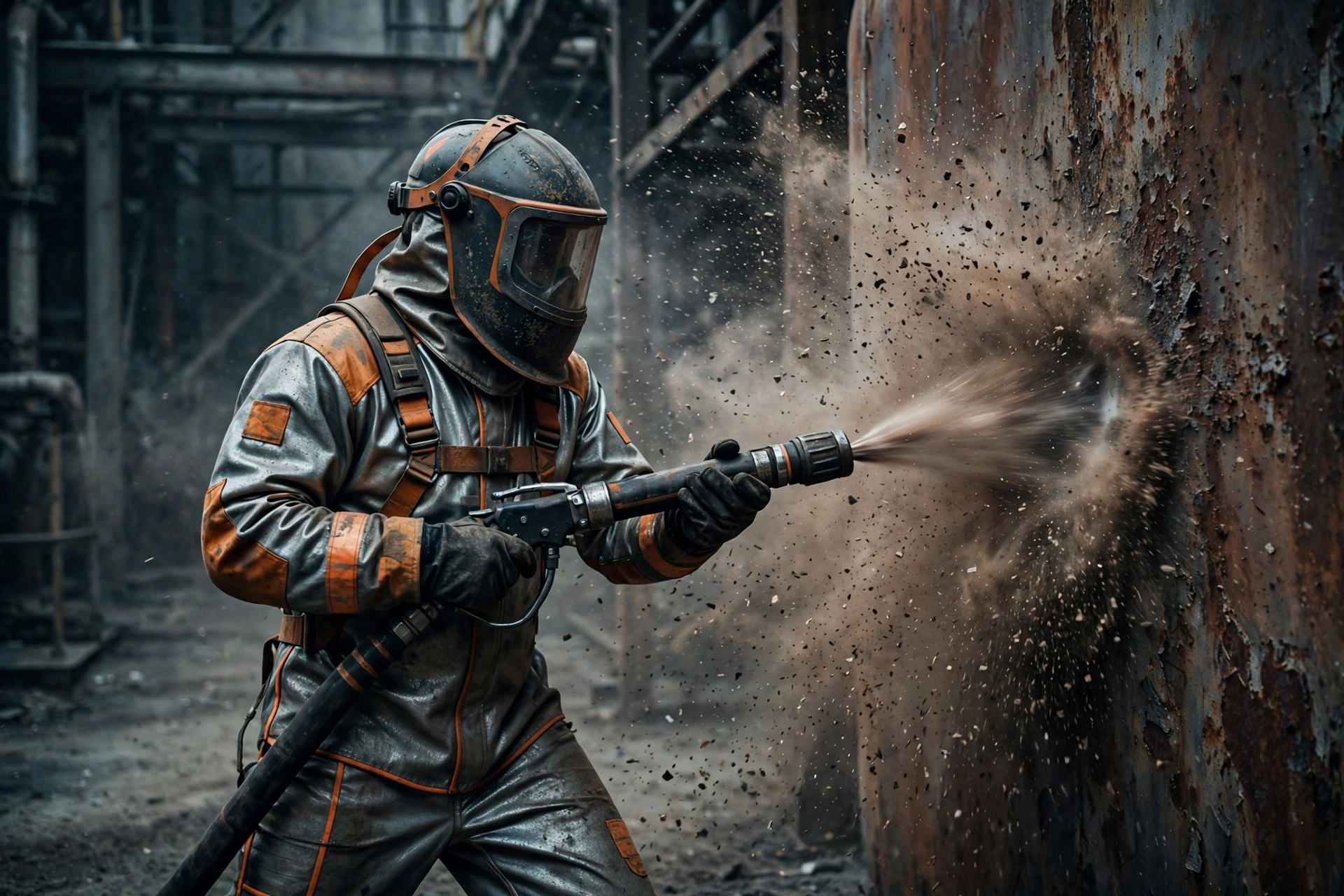 Sandblasting operator blasting a rusted tank wall