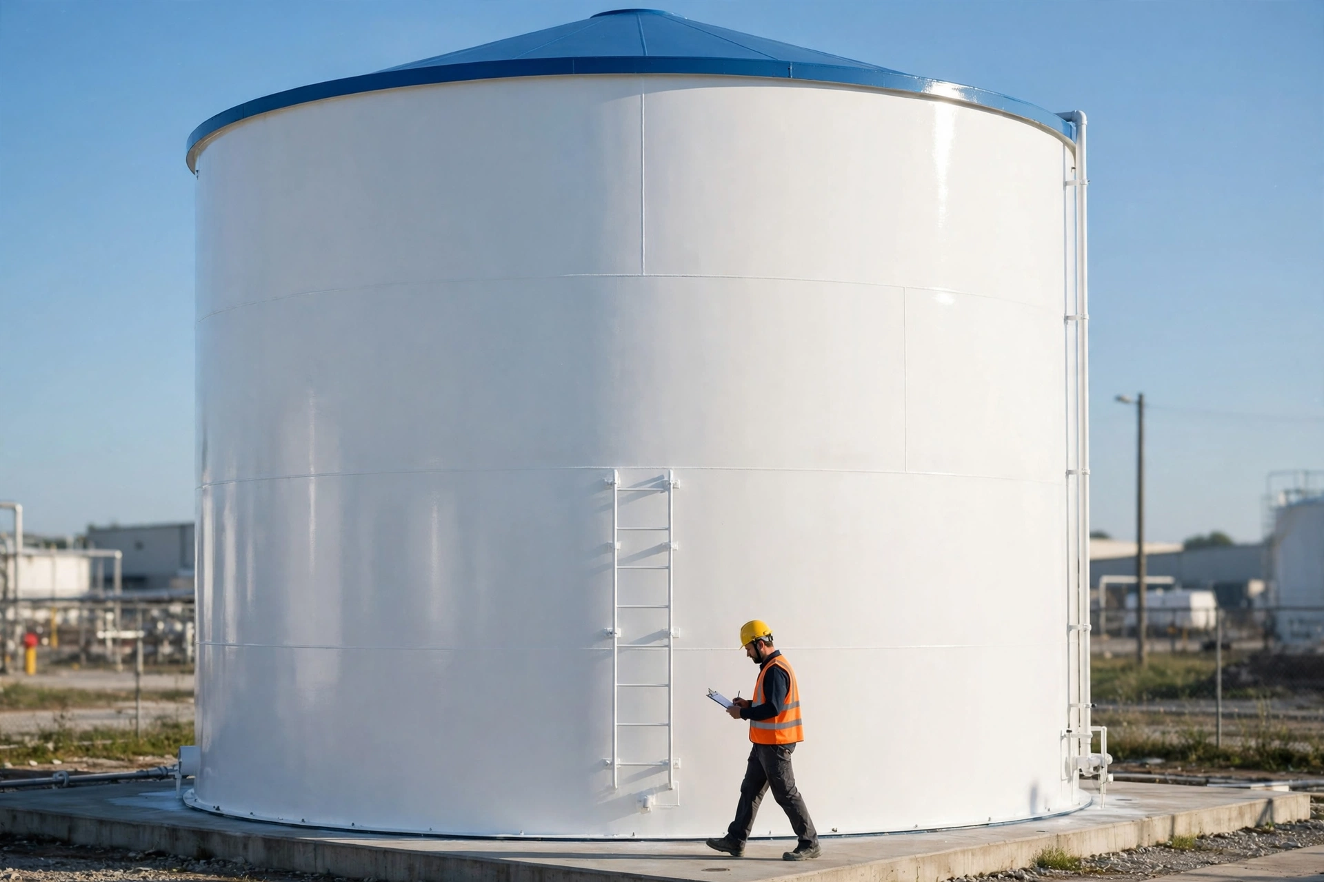 Freshly coated water storage tank